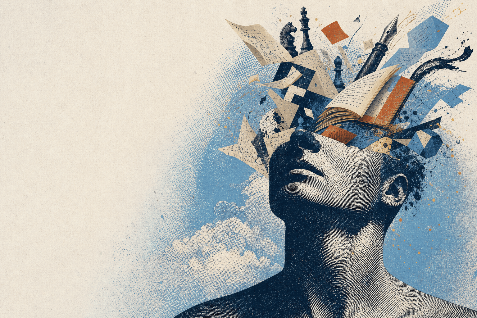 Collage editorial de una mente que se abre a los libros, la escritura, el juego y las ideas