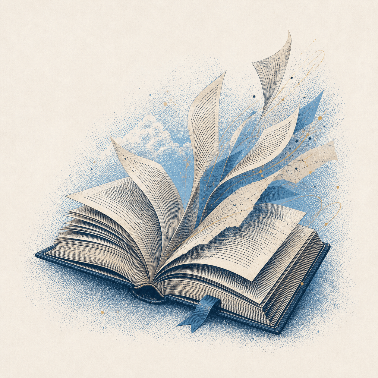 Libro abierto grabado con páginas que se elevan como ideas