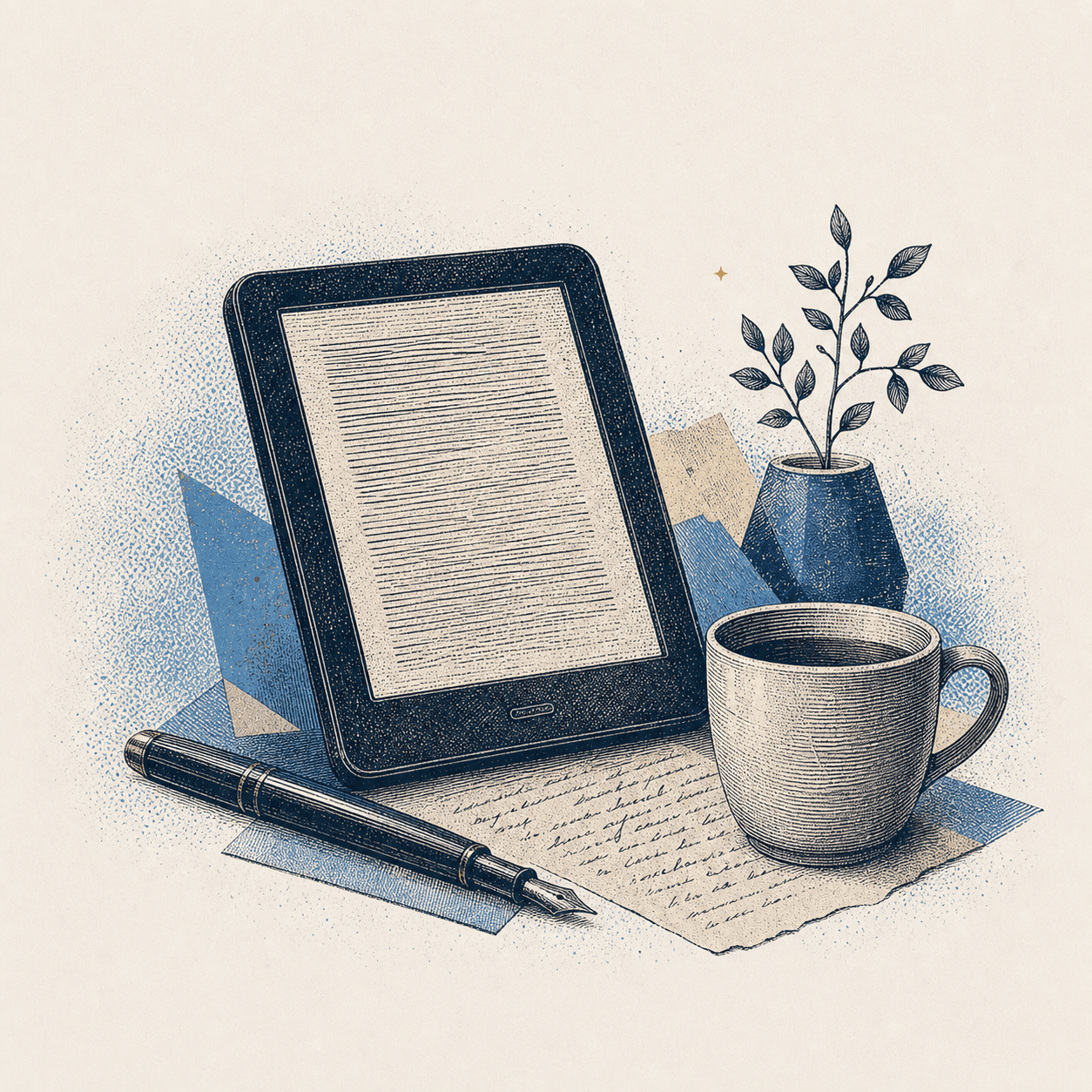 Lector de tinta electrónica, pluma y taza en estilo grabado editorial