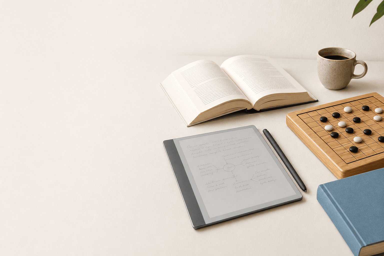 Mesa con un libro abierto, una tablet reMarkable con notas escritas a mano, un tablero de Go y una taza de café
